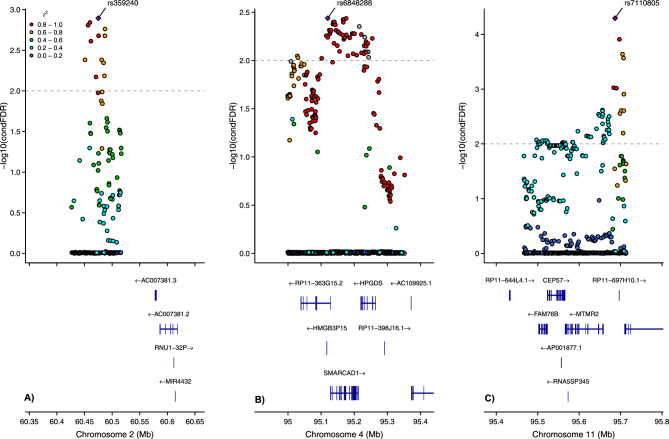 The genetic context of the strongest associations identified in the conditional false discovery rate (condFDR) analysis. Values for variants occupying the locus are shown on the left y-axis as –log10(condFDR). In each subplot, a single nucleotide polymorphism (SNP) with the strongest association is shown in the large purple square. The colour of the remaining markers reflects the degree of linkage disequilibrium (LD) with the strongest-associated SNP measured as r2 coefficient (described in the legend). The dotted line indicates the condFDR threshold of 0.01. (A) surrounding of rs359240 (condFDR = 1.28 × 10−3). (B) surrounding of rs6848288 (condFDR = 3.65 × 10−3). (C) surrounding of rs7110805 (condFDR = 5.10 × 10−5).