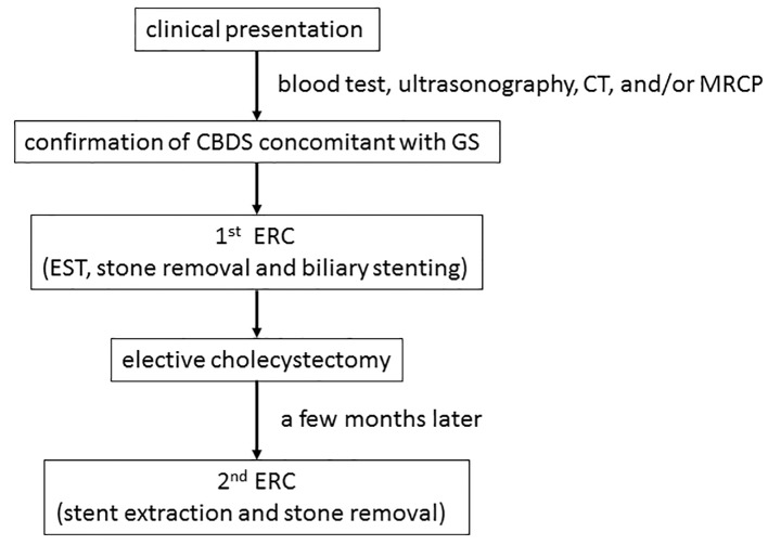 A flow chart of the clinical strategy for the management of CBDS concomitant with GS in the present study. CBDS: common bile duct stones; GS: gallstones; ERC: endoscopic retrograde cholangiography; EST: endoscopic sphincterotomy; CT: computed tomography; MRCP: magnetic resonance cholangiopancreatography.