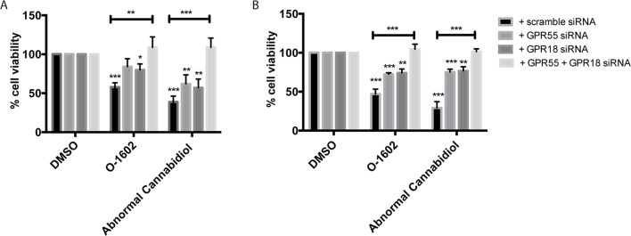 Receptor dependence of effect on cell viability. (A) Effect of the GPR55-, GPR18-specific small interfering RNAs (siRNAs), or combination of siRNAs for both targets on cell viability in (B) MDA-MB-231 PR cells and (B) MCF-7 PR cells. *p < 0.05, **p < 0.01, ***p < 0.001.