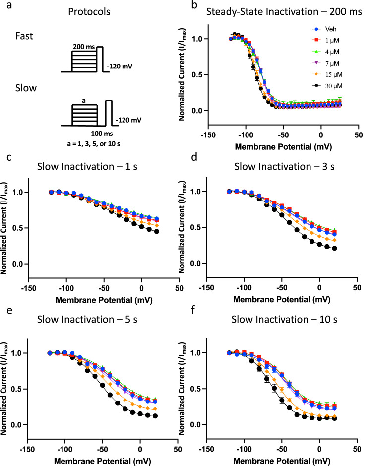 CBN hyperpolarizes slow inactivation curves in Nav1.7, imparts similar effect from a 200 ms pre-pulse.a Shows the protocols that were used to measure CBN’s effect on inactivating properties. The top protocol was used to measure SSI from 200 ms, and the bottom protocol was used to measure steady-state slow inactivation (SSSI) from varying durations. b 200 ms inactivating probability curves at Veh vs. different CBN concentrations. Midpoints (in mV). c SSSI from 1 s, d 3 s, e 5 s, and f 10 s. Data shown as means ± SEM (n = 11–17 for 200 ms, 18–24 for 1 s, 15–22 for 3 s, 11–20 for 5 s, and 7–13 for 10 s).