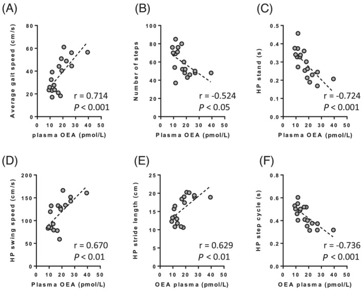 Pearson correlations analysis between plasma OEA levels and catwalk parameter of gait quality in rats. (A) Average speed to travel the catwalk tunnel. (B) Number of steps to complete the catwalk test. (C) Duration of rat hindlimb paw contact with the glass plate. (D) Time duration without rat hindlimb paw contact with the glass platform. (E) Distance between two placements of the same hindlimb foot. (F) Time between two consecutive initial contacts of the same hindlimb foot. The graphs show the individual data points. HP, hindlimb paw; OEA, oleoylethanolamide.