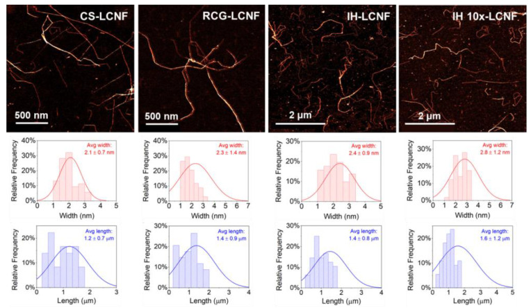AFM images and size distribution curves of LCNF from different biomass feedstocks.