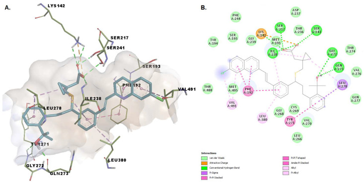 (A) 3D binding conformation of montelukast into FAAH binding site; (B) 2D diagram of protein-ligand interactions between FAAH and montelukast.