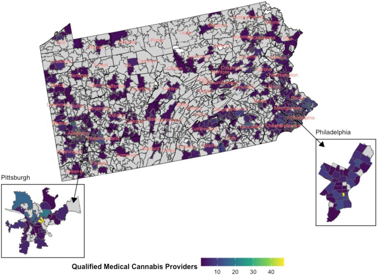 Distribution of qualified medical providers within Pennsylvania in 2022.Light gray indicates no patients were present in the zip code. White indicates limited data on population.