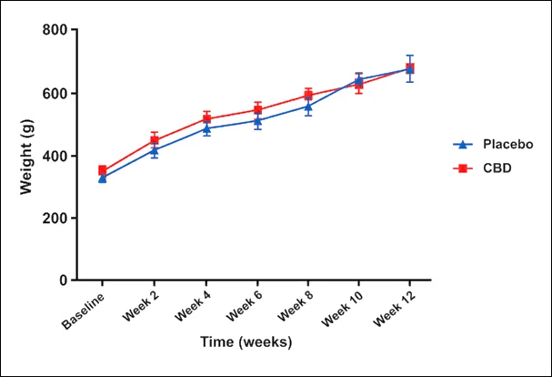 Comparison of body weight between control rats exposed to saline vapor and rats exposed to cannabidiol vapor during the 12-week experimental period. Data are presented as mean ± standard deviation (n = 6/group). No statistically significant differences in body weight were observed between the groups throughout the study.