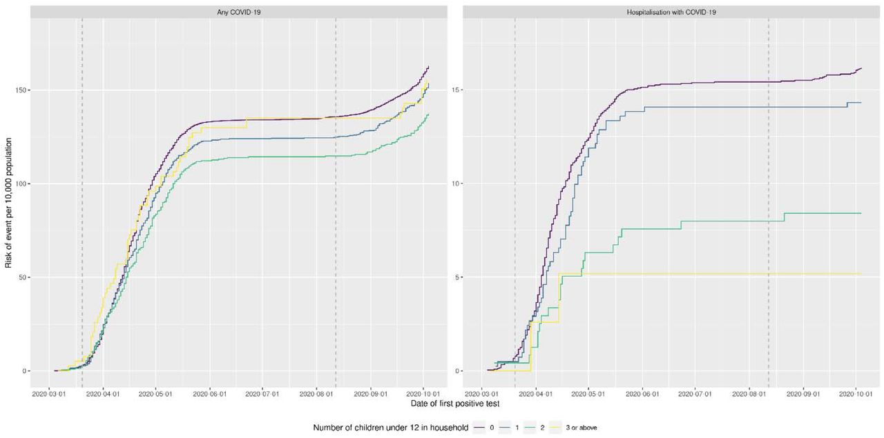 Risk of any COVID-19 and of COVID-19 requiring hospitalisation in adults living in healthcare worker households by number of young children (aged 0 to 11)Cumulative incidence (risk) plots of any COVID-19 and of COVID-19 requiring hospitalisation by number of young children (aged 0 to 11) in household. Vertical dotted lines indicate dates when schools closed and re-opened.