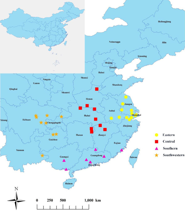 Distribution of 36 selected study communities in subtropical China.