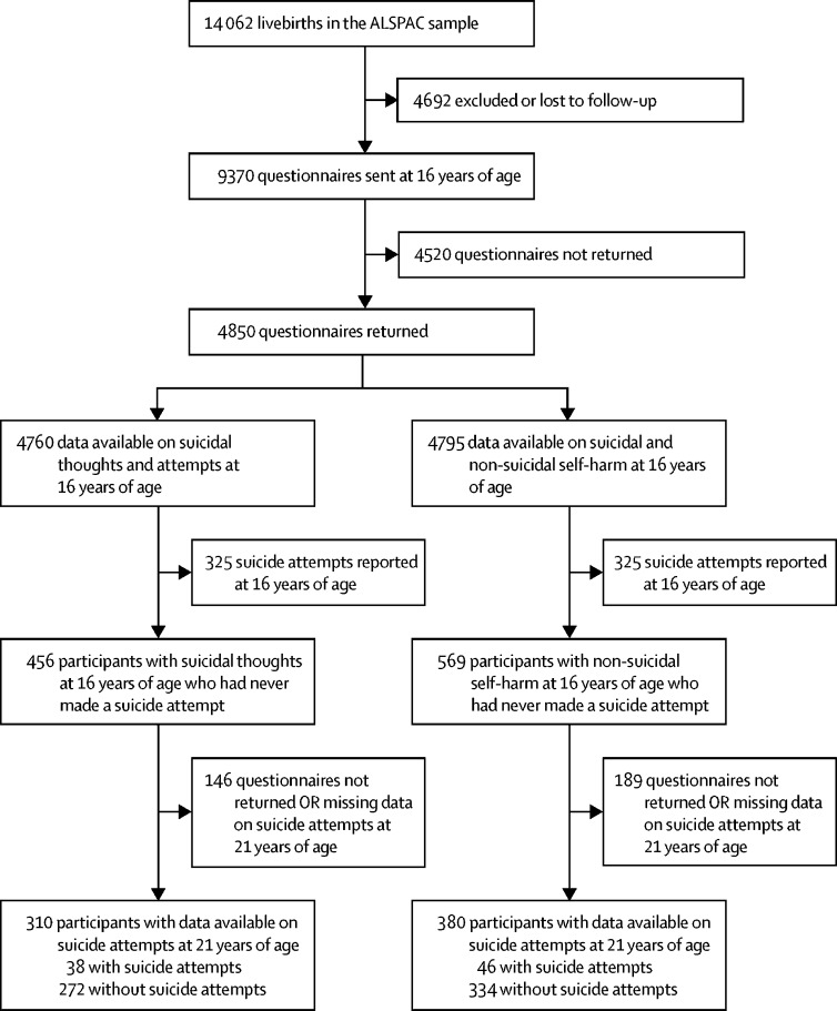 Flow-chart of attrition and self-harm outcomes in the Avon Longitudinal Study of Parents and Children (ALSPAC) birth cohort