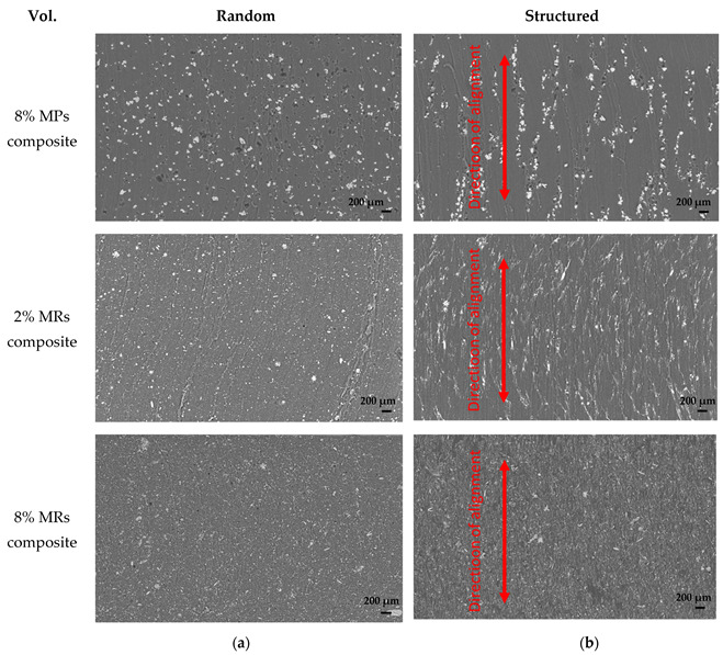 SEM images of (a) Random and (b) Structured composites integrating 8% vol. MPs, 2% vol. MRs and 8% vol. MRs under an applied electric field (Eapp=0.6 V/μm, fapp=2 Hz) during the DEP process (the scale bar is 200 µm).