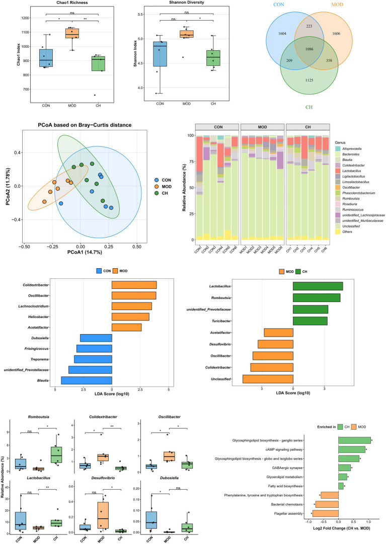 Nine scientific charts and graphs comparing microbial diversity and composition among CON, MOD, and CH groups: panels A and B show boxplots for Chao1 richness and Shannon diversity; C shows a Venn diagram of shared and unique taxa; D shows a PCoA plot indicating distinct clustering; E displays stacked bar plots of relative genus abundance; F and G are bar charts of LDA scores distinguishing significantly enriched taxa; H presents boxplots of individual taxa’s relative abundance; and I shows a bar graph of pathway enrichment log2 fold changes between CH and MOD, with indicators for statistical significance.