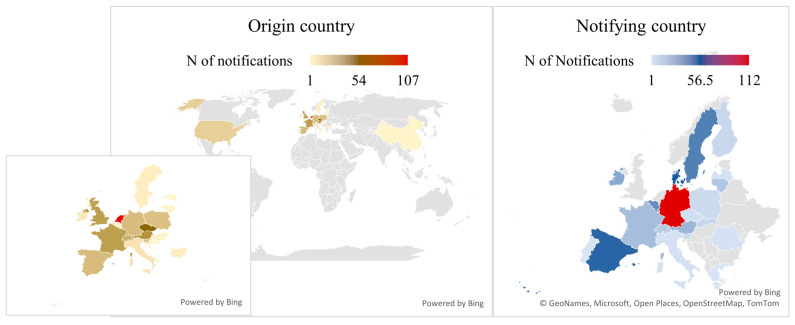 Geographical distribution of CBD-related notifications by country of origin and notifying country (RASFF, 2018–2025) (Map generated using Microsoft® Excel® Powered by Bing™. Contains data from GeoNames, Microsoft, Open Places, and OpenStreetMap).