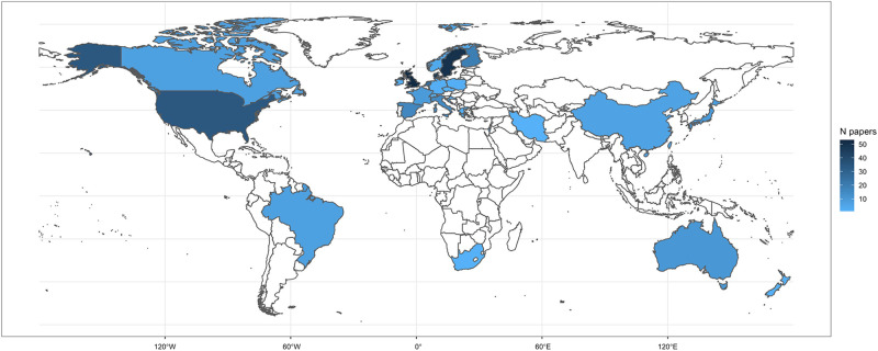Geographical distribution of number of published papers per country.