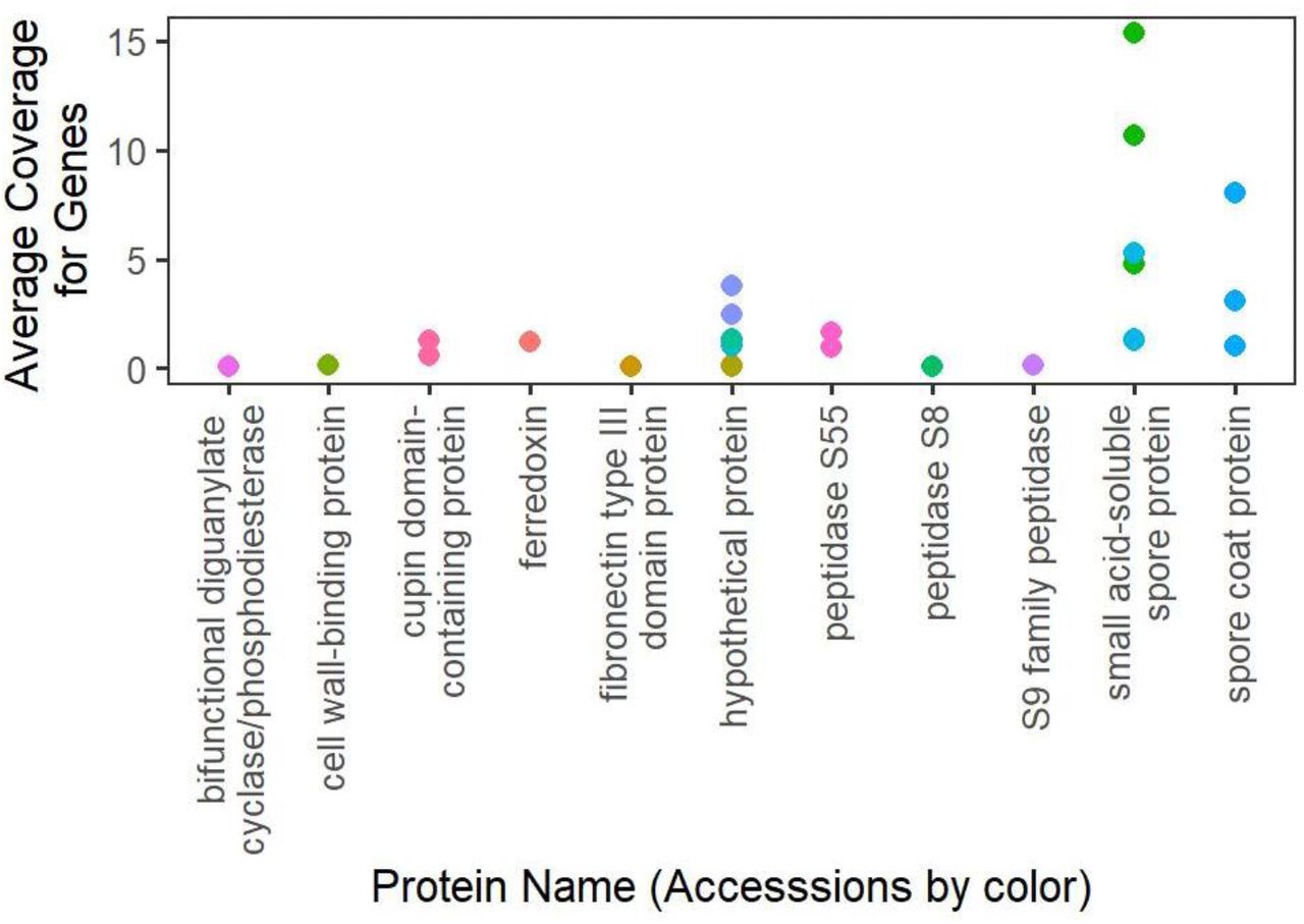 RNA Coverage of C. difficile Genes.RNA reads were mapped to C. difficile genes within the custom database. Genes for C. difficile were only detected at the highest spike-in level of 106 CFU/mL. Different gene accessions for the same gene descriptions are depicted in different colors. The detection of mRNA related to sporulation in C. difficile indicates the potential for determination of the presence of specific genes transcripts that could be contributed to a genus or species within a mixture, depending on the specificity of a gene or partial sequence to a taxonomical level. It also makes sense that sporulation genes would be expressed, since C. difficile endospores were used in the experiments.