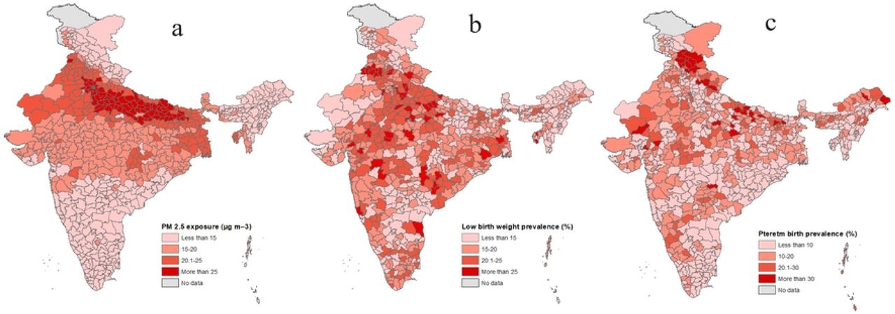 (a) Spatial distribution of in-utero exposure to PM2.5, (b) low birth weight and (c) preterm birth across in India