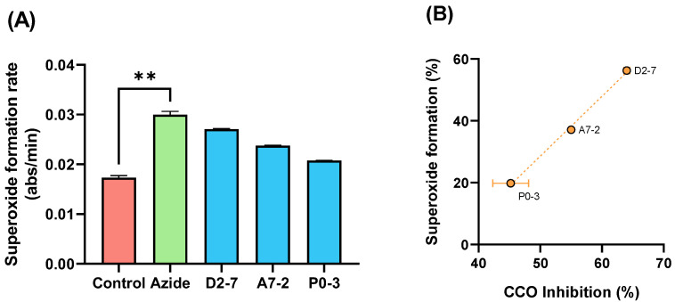 Diagram of the superoxide formation mediated by sodium azide and samples D2-7, A7-2, P0-3, chosen by THC content (** p < 0.01) (A) Correlation between the superoxide formation and (B) CCO inhibition mediated by extracts D2-7, A7-2, P0-3. Both expressed as percentage vs. control. Data are mean ± SEM.