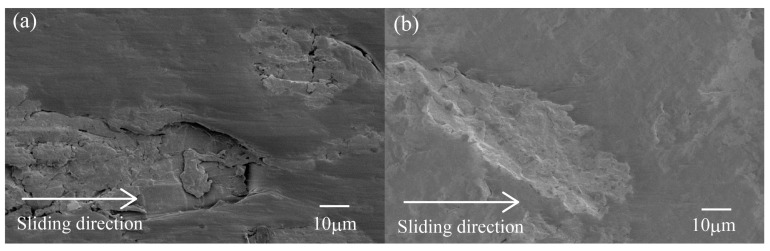 SEM photographs of the worn surface after sliding wear tests of various surface-treated HF/PA1010 biomass composites: (a) HF (Magnification of Figure 7b) and (b) HF-S3-20 (Magnification of Figure 7e).