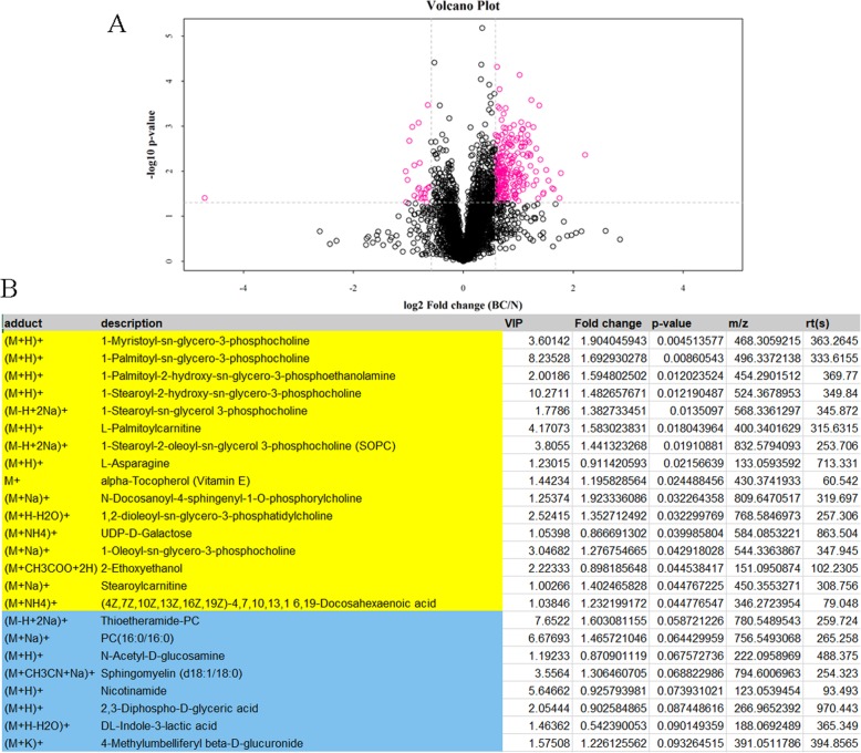 Analysis of significant difference metabolite. a Volcano Plot in positive ion mode. The Volcano Plot shows the volcano diagram of the positive ion mode data of the sample group, in which the red dot is fold change > 1.5 and P value < 0.05 metabolites, namely the differential metabolites screened by univariate statistical analysis. b Difference metabolites identified by positive ion mode. The yellow table shows metabolites with significant difference (multi-dimensional statistical analysis of VIP > 1 and univariate statistical analysis of P value < 0.05). The blue table shows differential metabolite (VIP > 1 with 0.05 < P value < 0.1)
