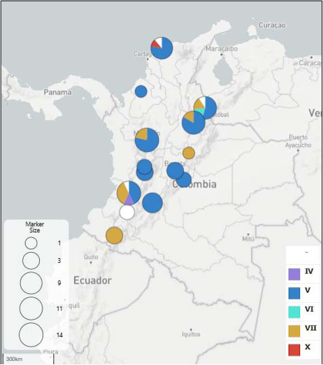 Distribution of the isolates by International Clones (IC). Five ICs were identified, other isolates were not identified. The size of each circle is proportional to the number of isolates recovered in each state.