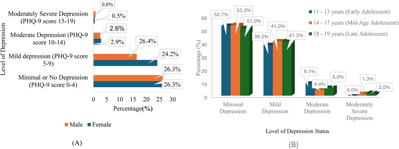 Distribution of depression assessed using a modified PHQ-9 by gender (A) and age category (B) among ALHIV on ART follow-up in Ethiopia 2024 (n=384)