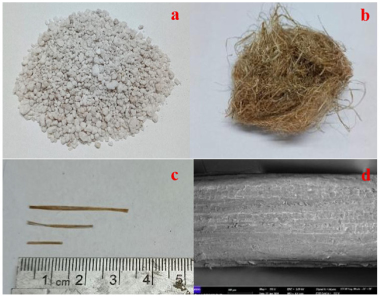 Physical appearance of perlite (a), hemp (b), and cut hemp fibers (c). SEM microstructure of hemp fiber (d) (100×).