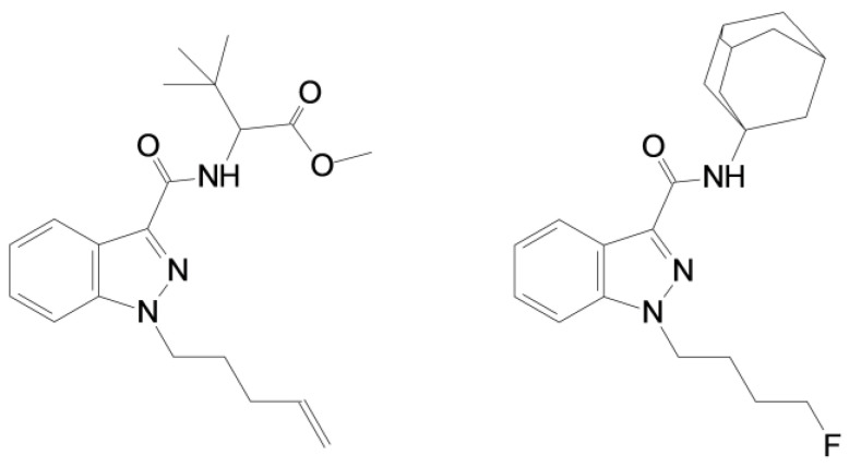 Chemical structure of MDMB-4en-PINACA (left) and 4F-ABUTINACA (right).