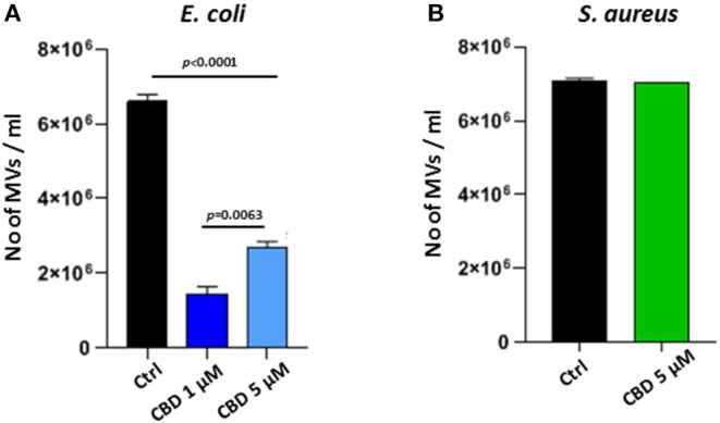 CBD affects MV-release from the Gram-negative bacteria E. coli VCS257 but not Gram-positive S. aureus subsp. aureus Rosenbach. (A) MV release from E. coli was significantly reduced after CBD treatment, with lower dose of CBD being more effective (p = 0.0063). (B) MV release from S. aureus was not significantly affected by CBD treatment. Exact p-values are shown.