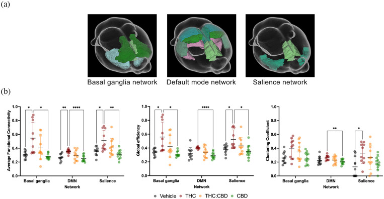 The image displays the spatial distribution of three brain networks within a 3D brain, and three graphs showing different graph theoretical metrics related to these networks.