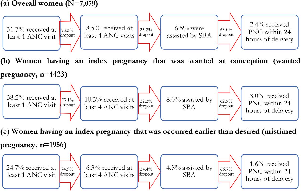 Women who drop out of the continuum of maternal healthcare through to PNC by women’s pregnancy intention at conception of their last pregnancy that ended with a live birth in Somali.