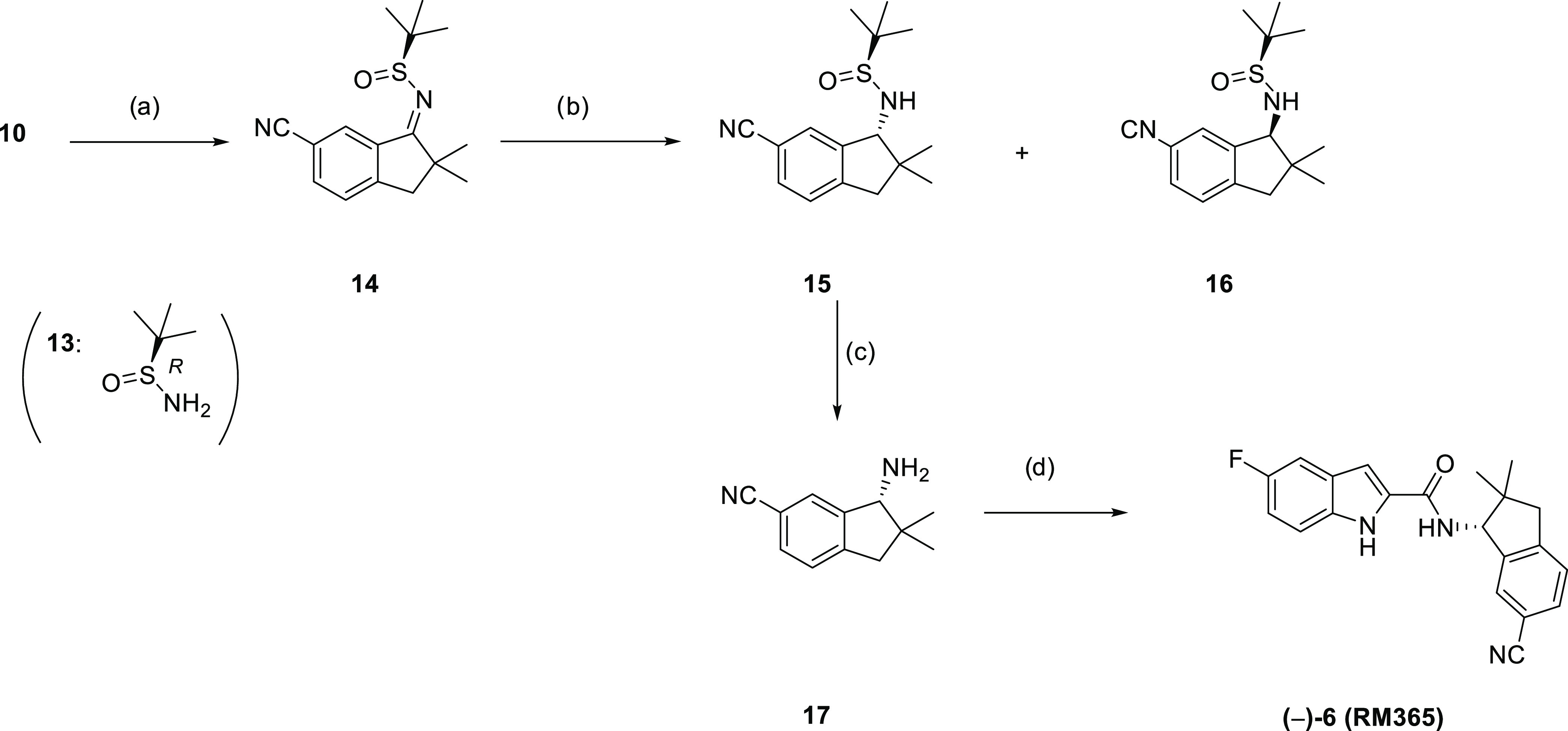 Enantioselective Synthesis of RM365 and Its DerivativesReagents and conditions: (a) Ti(OEt)4, toluol, 70 °C, 2 h, 82%; (b) NaBH4, THF, −40 °C to rt, overnight, 32% yield for 15 and 28% yield for 16; (c) TFA, DCM, quant; (d) 12, BOP, NEt3, CH2Cl2, 16 h, rt, 82%. Abbreviations: Ti(OEt)4, titan(IV)-ethanolat; TFA, trifluoroacetic acid.