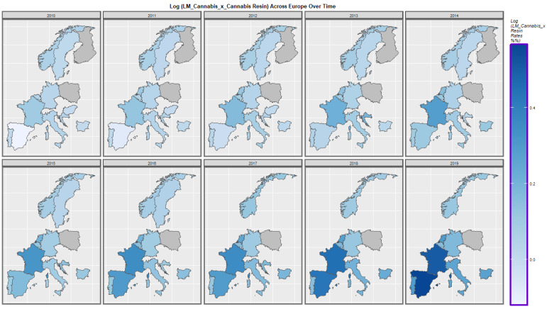 Time sequential map-graph of last month cannabis use: cannabis resin THC concentration across surveyed European nations over time.