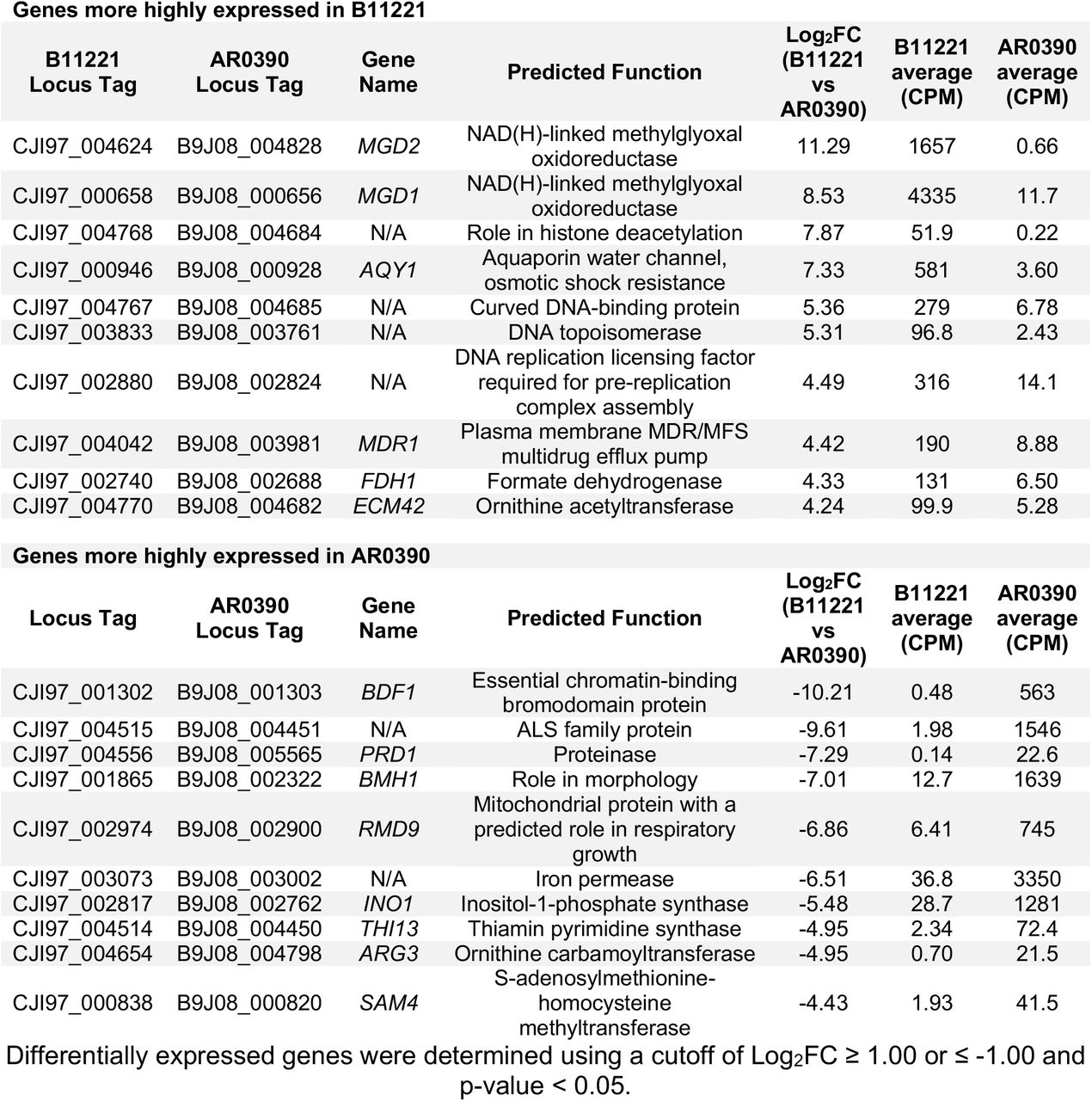 Top 20 genes with predicted functions differentially expressed between B11221 and AR0390 in the control condition