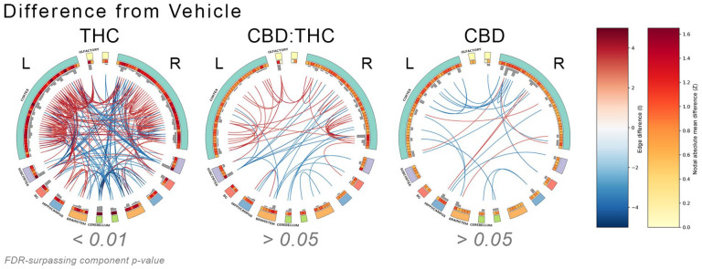 This image displays connectograms of THC, CBD:THC, and CBD treatments compared to a vehicle, analyzing regional functional connectivity strength. It shows differences in connectivity between regions of interest (ROIs), with color-coded lines indicating the strength of connections.