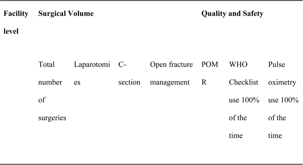 Surgical volume, quality and safety at the assessed health facilities in Central Equatoria State, South Sudan, May 2024.