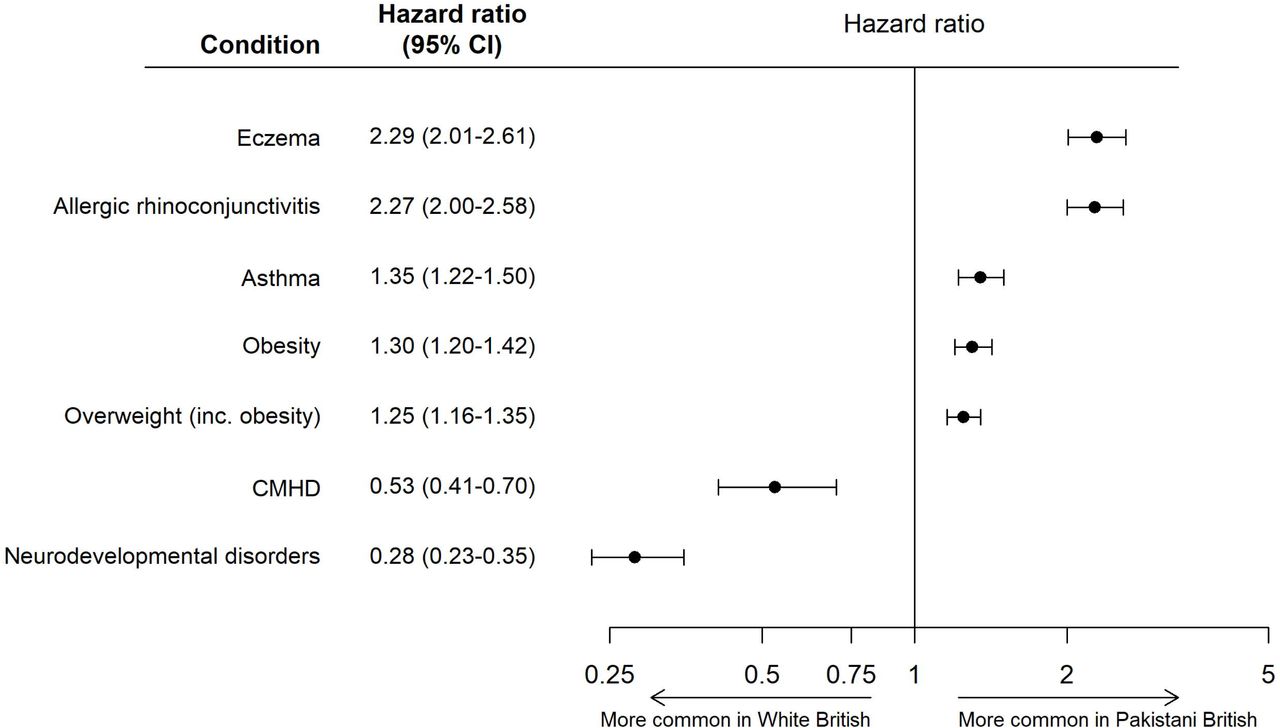 Hazard ratios for childhood conditions by ethnicity. CMHD = Common Mental Health Disorders.