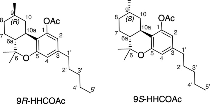 Structural formulas and atom numbering of 9R- and 9S-hexahydrocannabinol acetates.