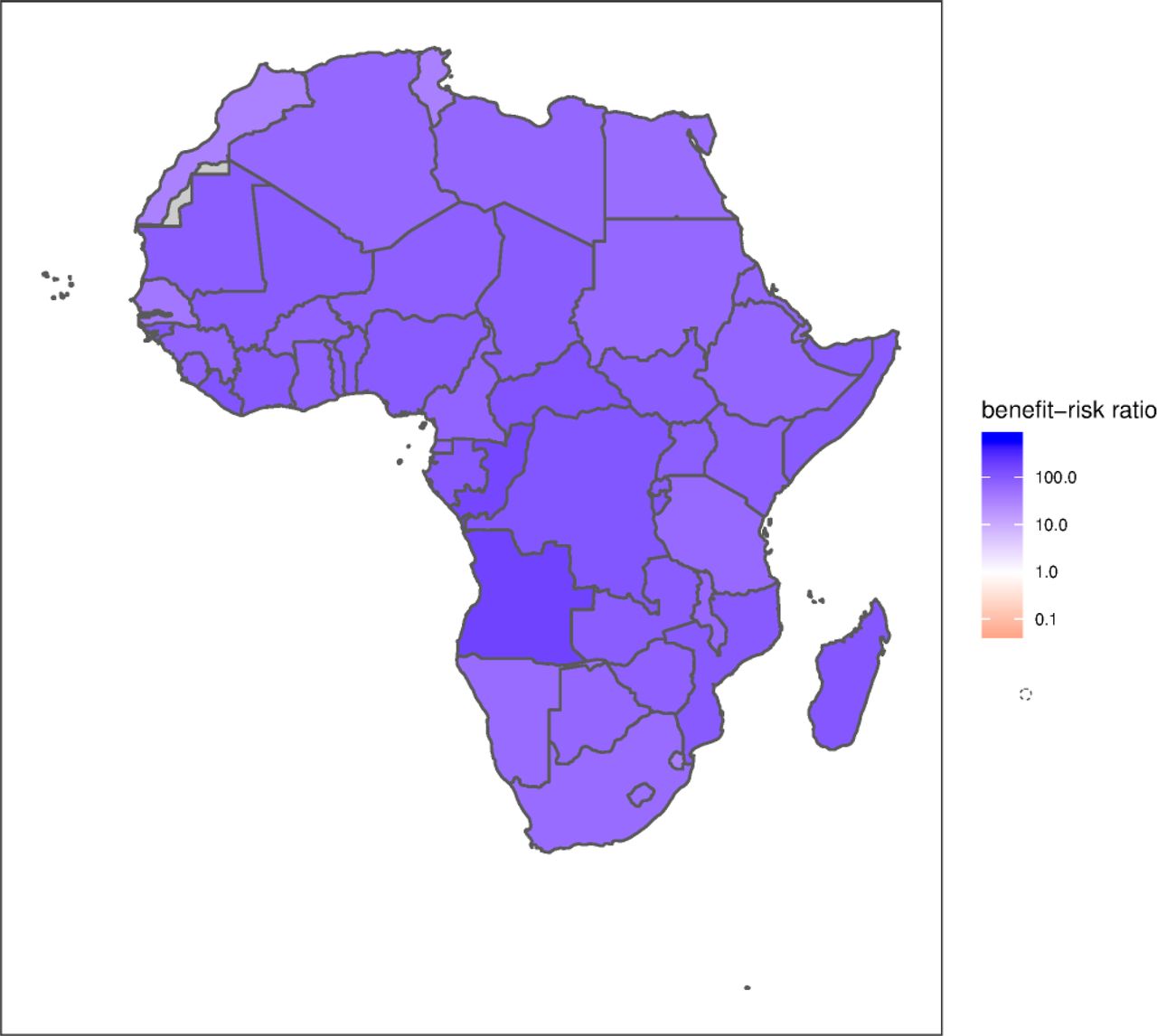 Benefit-risk ratios for sustaining routine childhood immunisation during the COVID-19 pandemic in the African countries.The number of vaccine preventable future deaths averted before completing five years of age by sustaining routine childhood vaccination of DTP, HepB, Hib, PCV, RotaC, MCV, RCV, MenA and YFV per COVID-19 death attributable to excess SARS-CoV-2 infections acquired through visiting routine vaccination service delivery points. The routine childhood vaccines considered are 3-dose DTP3, HepB3, Hib3, PCV3 for children at 6, 10 and 14 weeks, 2-dose RotaC for children at 6 and 10 weeks, 1-dose MCV1, RCV1, MenA, YFV for children at 9 months, and 1-dose MCV2 for children at 15-18 months of age. A benefit-risk ratio larger than 1 indicates in favour of sustaining the routine childhood immunisation programme during the COVID-19 pandemic.* Grey colour indicates missing data. We take a neutral position with respect to territorial claims in the maps.
