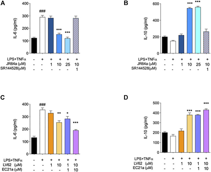 Ability of dualsteric CB2R ligand JR64a to decrease the inflammatory phenotype of LPS/TNFα stimulated HMC3 cells. Panels (A) and (B) show the effects of JR64a on the release of pro-and anti-inflammatory interleukines IL-6 and IL-10, respectively. Panels (C) and (D) show the effects produced in the same experimental setting by administering CB2R selective orthosteric agonist LV62 alone or in combination (1:1) with the CB2R PAM EC21a. Bars represent the release (pg/ml) of ILs in the presence of the compounds. Data represent mean ± SEM from n = 3 independent experiments performed in duplicate. Statistical analysis was performed by ordinary one-way ANOVA followed by Tukey’s multiple comparison test. ### p < 0.005 vs. control cells; *p < 0.05, **p < 0.01 and ***p < 0.005 vs. LPS/TNFα treated cells.
