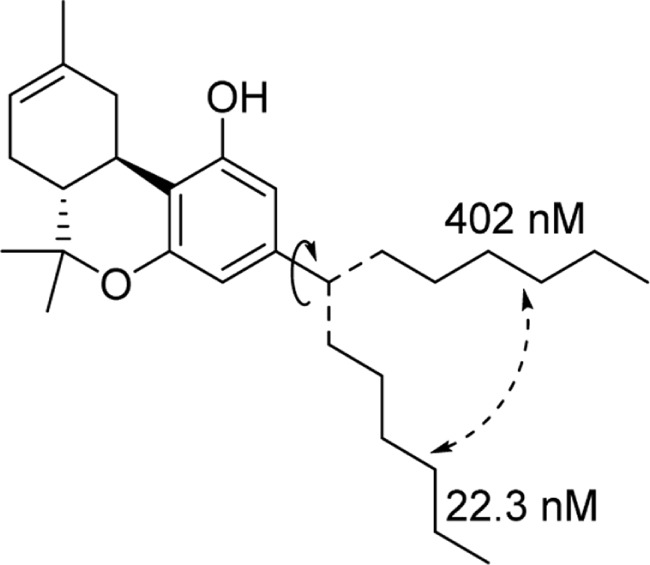 Rotational conformers of 3-heptyl-Δ8-THC. Studies of rotationally restricted alkyl chains determined that the optimal conformation of the chain is oriented downward away from the phenol, rather than linearly away from the phenyl ring.