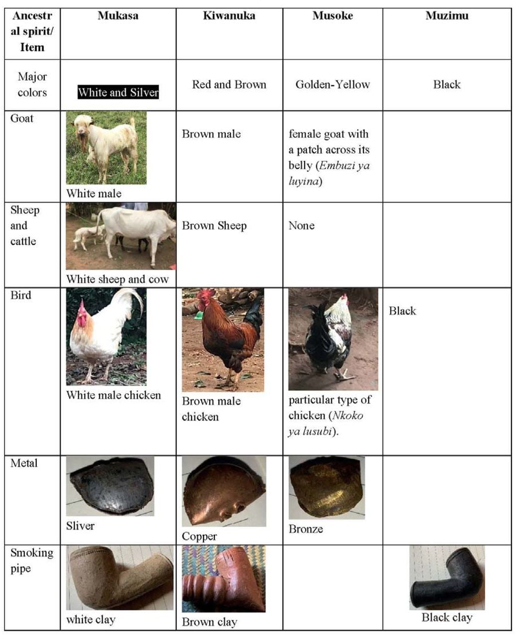 Artefacts, animals and birds associated with Muzimu and water related ancestral spirits Mukasa, Kiwanuka and Musoke (Misambwa emilunyanja).