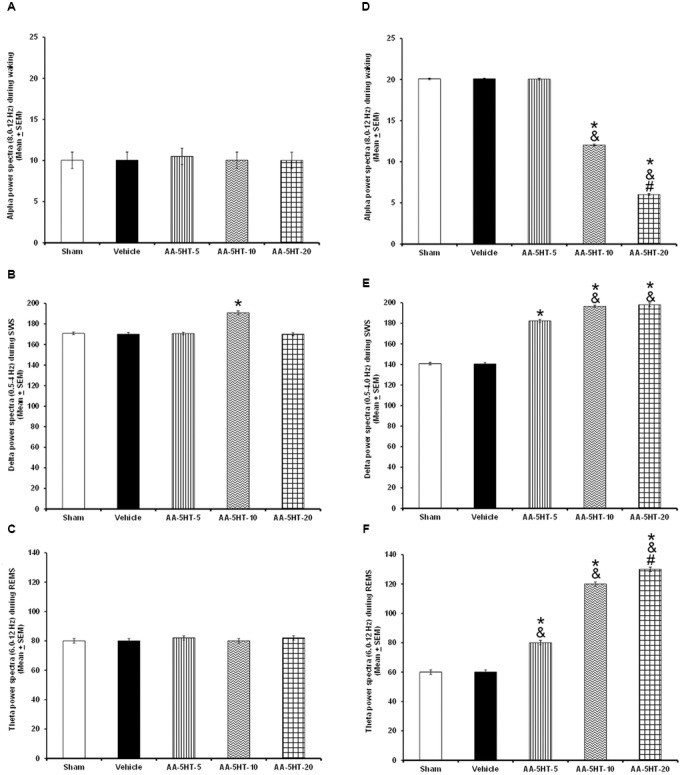 Effects on EEG power spectra (alpha, delta or theta) after experimental trials: Sham, vehicle or AA-5-HT (5, 10, or 20 mg/Kg; i.p.). No effects were observed in alpha or theta power spectra when AA-5-HT was injected during the lights-on period. (A–C) respectively). Next, when AA-5-HT was administered at the beginning of the lights-off period, the compound decreased alpha (for W: α = 8–12 Hz), and enhanced delta (for SWS: Δ = 0.5–4.0 Hz) as well as theta (for REMS: Θ = 6.0–12.0 Hz; (D–F). Mean ± SEM ∗ vs Sham/Vehicle, P < 0.05; & vs. AA-5-HT-5, P < 0.05; # vs. AA-5-HT-10, P < 0.05). Abbreviations: slow wave sleep (SWS) and rapid eye movement sleep (REMS), AA-5-HT-5 mg/Kg (AA-5-HT-5), AA-5-HT-10 mg/Kg (AA-5HT-10), AA-5-HT-20 mg/Kg (AA-5-HT-20).