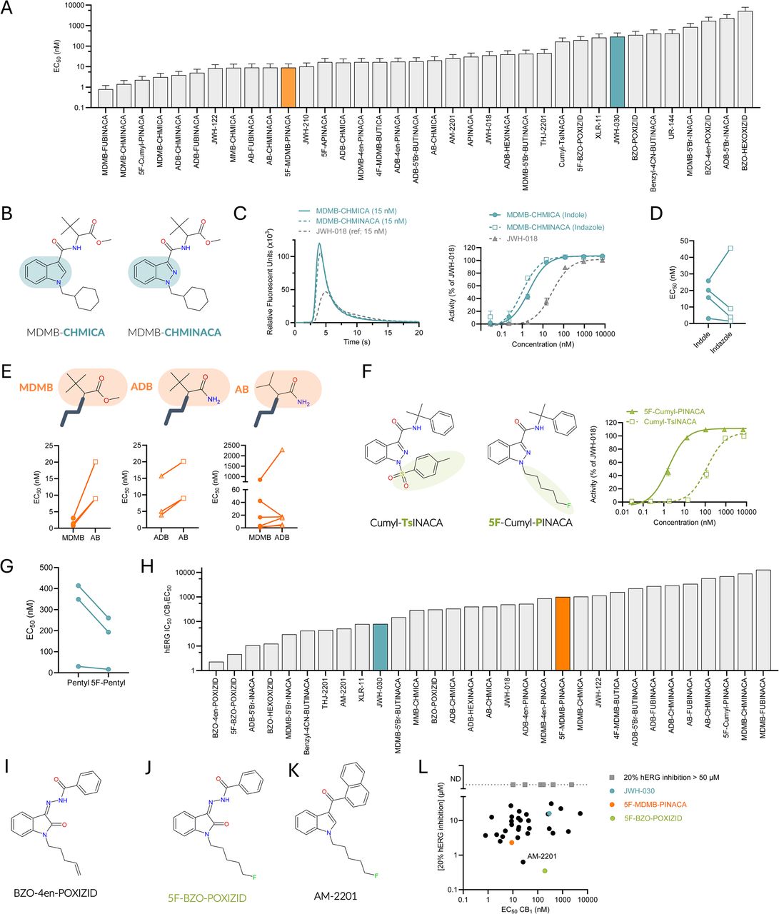 Comparison of SCRA features important for CB1 and hERG effects reveal similarities and differences dictating SCRA potency.(A) Potency of the indicated SCRAs on CB1 (see methods for details). (B-C) Example of impact of core moiety for CB1 activation showcased by MDMB-CHMICA and MDMB-CHMINACA (structures in B and CB1 activating effects in C). (D) Outcome of SAR analysis of SCRAs with indole and indazole cores for CB1 potency. (E) Schematic illustration of SCRAs with indicated heads, together with outcome of SAR analysis for CB1 potency. (F) Molecular structures of two SCRAs with Cumyl-INACA scaffolds and variable tails, and concentration-response relationships for indicated SCRAs on CB1 activity. (G) Outcome of SAR analysis of SCRAs with non-fluorinated compared with fluorinated pentyl tails for CB1 potency. (H) Ranking of the cardiotoxic harm potential of the SCRAs based on the ratio of hERG IC50 to CB1 EC50, where a low ratio indicates higher cardiotoxic harm. SCRAs where the hERG IC50 value was unable to be calculated are not included in this figure. (I-K) Molecular structure of indicated SCRAs. (L) Plot of SCRA concentration causing 20% inhibition of hERG versus CB1 EC50. All average data are shown as mean ± SEM. Small error bars are covered by symbols. Data in panels H and L are shown as mean only due to the nature of this data. For CB1 data is from a minimum of three independent experiments (n ≥ 3), run in triplicate (except for JWH-030, for which n = 2). n for hERG and best fits as in SI Table II.