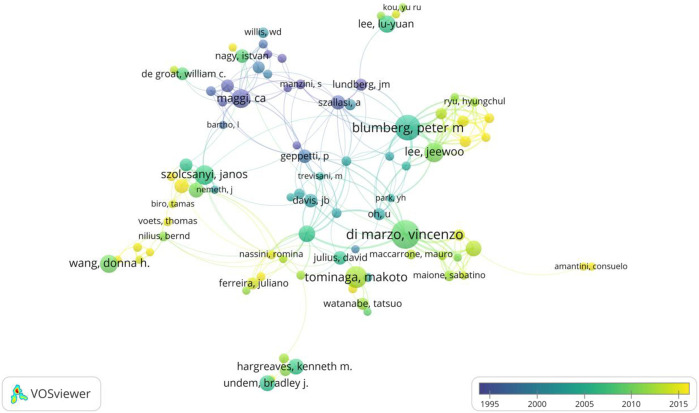 Co-authorship overlay visualization map of authors. The color of each circle corresponds to the average year of publication of the author, the size of the circle is proportional to the number of papers published by the author, and the thickness of the connecting line indicates the frequency of collaboration.