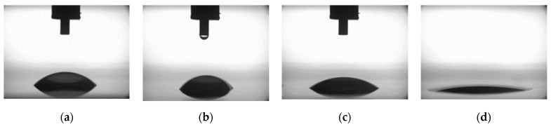 The sample contact angles measured outside (a,b) and inside (c,d) of the discharge area before (a,c) and after (b,d) the modification, using water droplets. A change in the appearance is visible only in the case of the measurement after the modification, inside the discharge area.