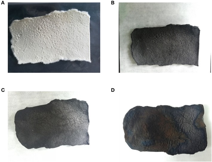Photographs showing the sisal hemp pulp-based paper before carbonization (A), after carbonization (B), after activation (C), and after MnO2 loading (D).