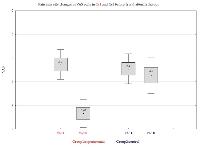 Pain intensity changes in VAS scale in Group1 and Group2 on Day0 (I) and on Day 14 (II) of the therapy.