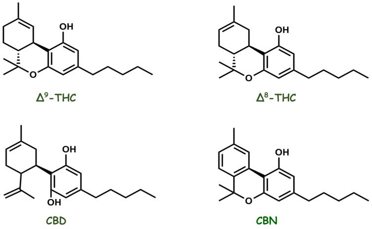 Chemical structures of the main pharmacologically active cannabinoid compounds isolated from Cannabis sativa.
