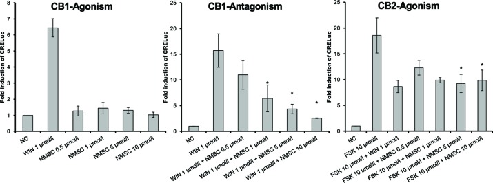 CB1- and CB2-receptor-mediated effects of NMSC (6) given as fold induction of CRE-luc; CB, cannabinoid; FSK, forskolin; NC, negative control; NMSC, 2-(methylsulfonamido)ethyl cannabidiolate, WIN, WIN 55212-2; error bars represent SEM, *p < 0.1.