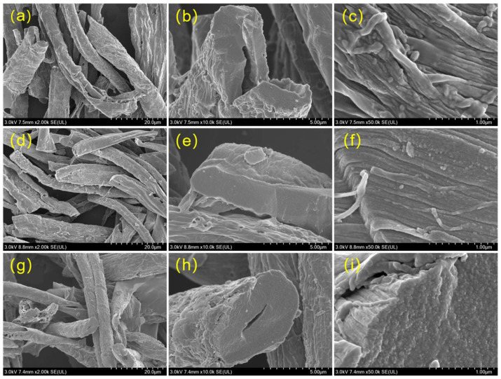 2000× magnification SEM images of (a) THC-1100, (d) THC-1300 and (g) THC-1500; 10,000× magnification SEM images of (b) THC-1100, (e) THC-1300 and (h) THC-1500; 50,000× magnification SEM images of (c) THC-1100, (f) THC-1300 and (i) THC-1500.