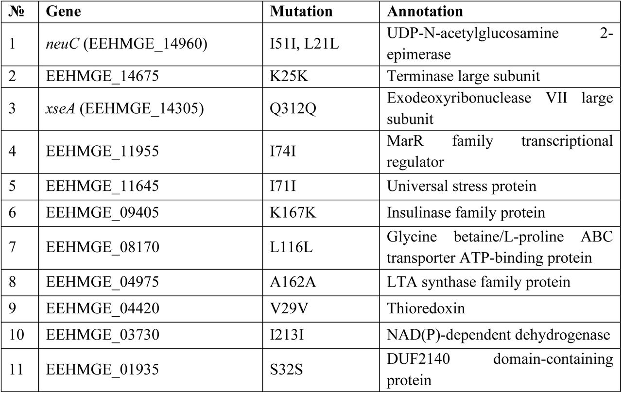 Silent mutations detected by whole-genome sequencing (WGS) in ERV165-ΔsagA::sagA