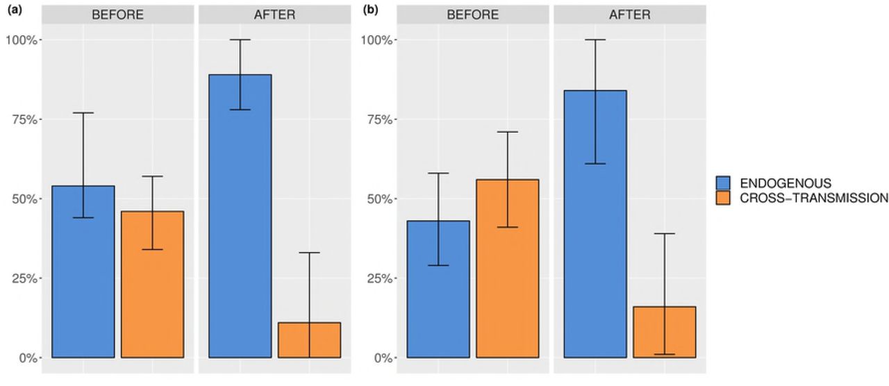 Relative contributions of endogenous route and cross-transmission.ICU A before and after renovation, (b) ICU B before and after renovation.